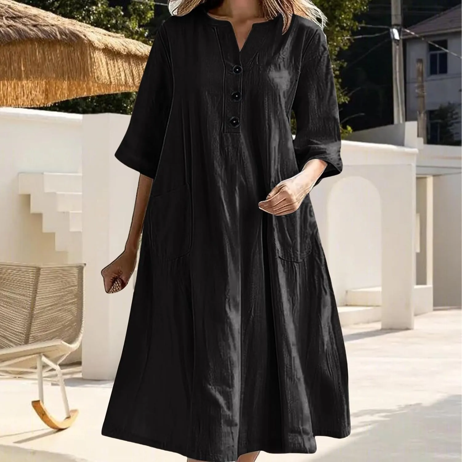Summer Fashion Cotton Linen Shirt Dresses for Women Flowy Half Sleeve V Neck Button up Maxi Dress