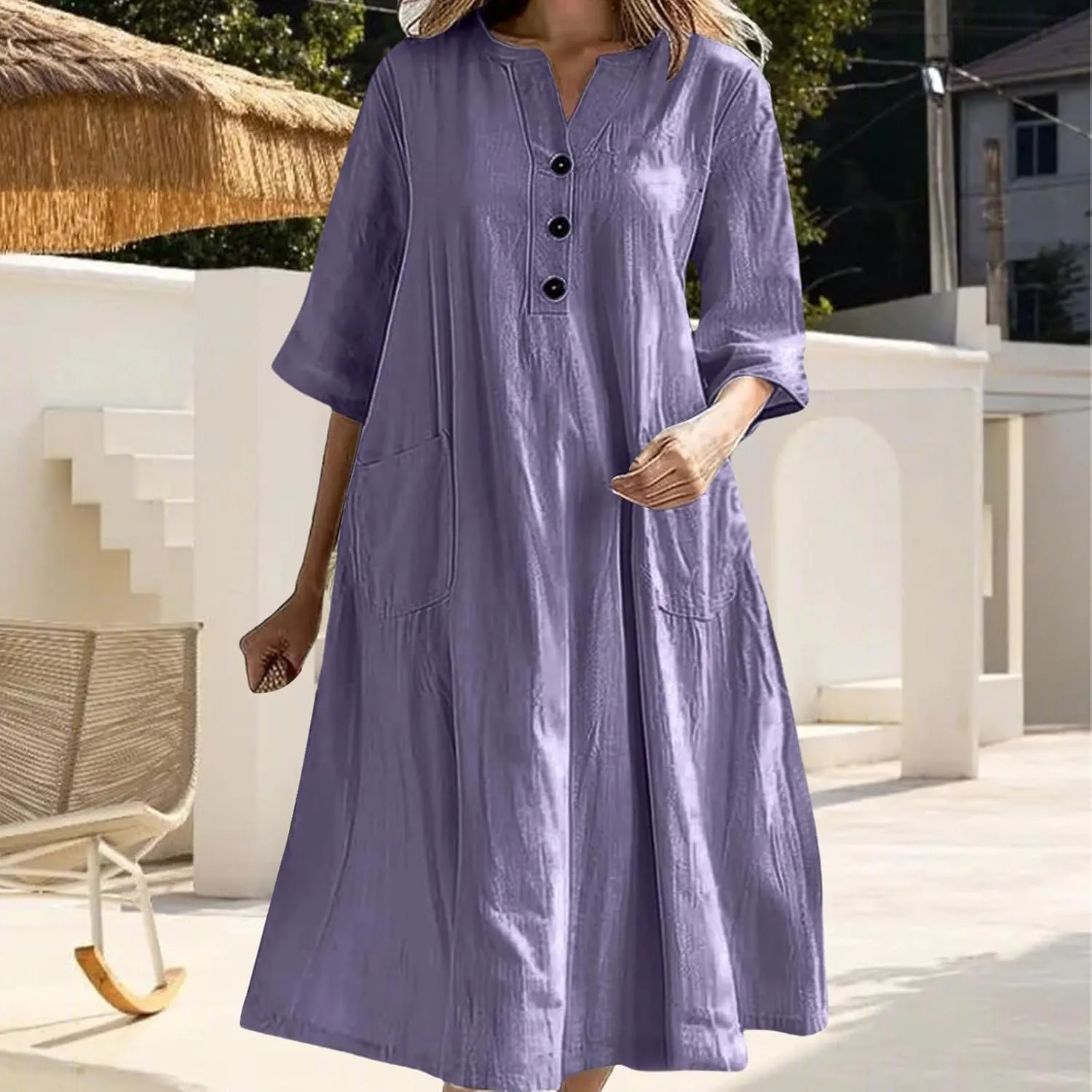 Summer Fashion Cotton Linen Shirt Dresses for Women Flowy Half Sleeve V Neck Button up Maxi Dress