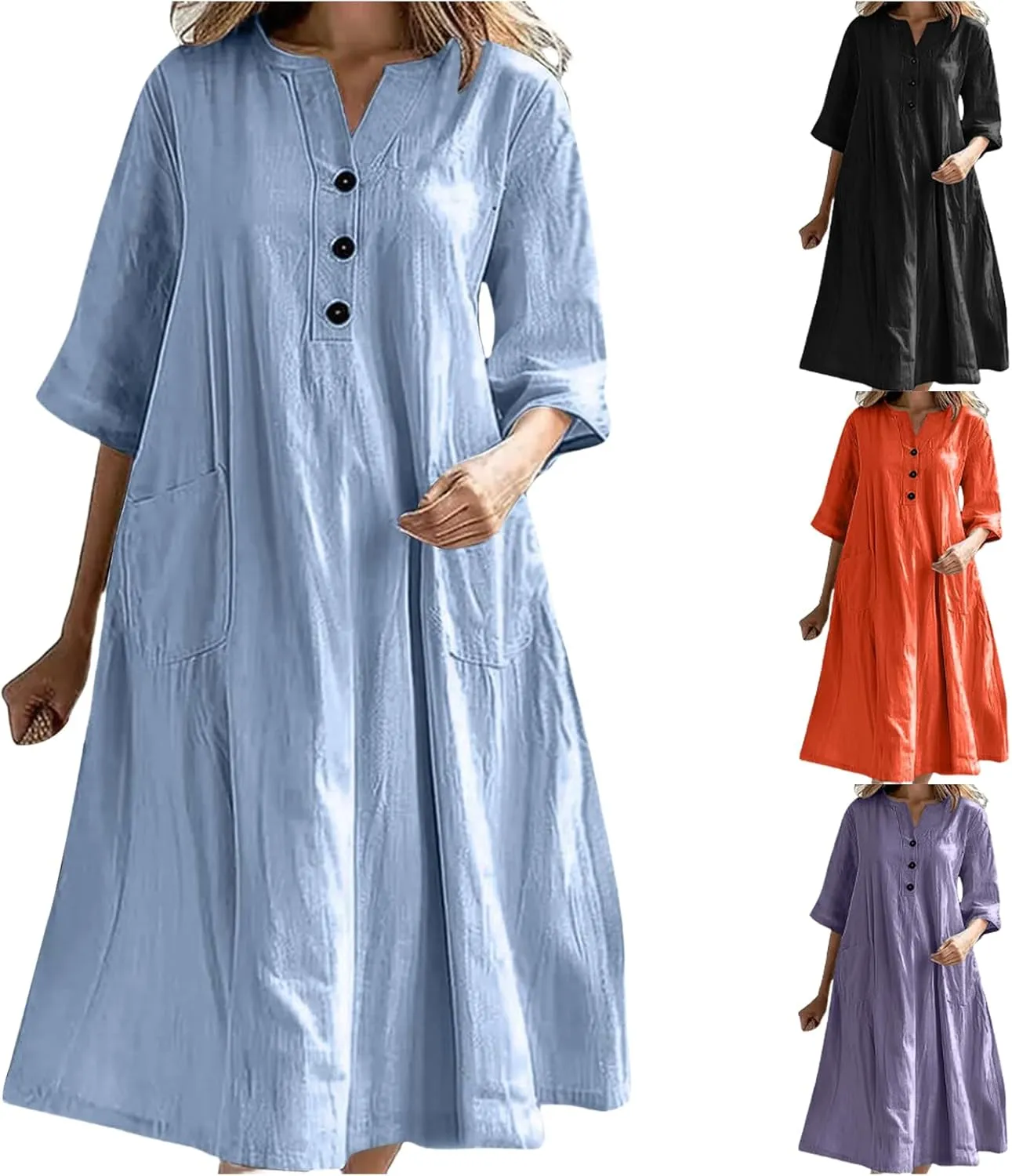 Summer Fashion Cotton Linen Shirt Dresses for Women Flowy Half Sleeve V Neck Button up Maxi Dress