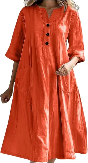 Summer Fashion Cotton Linen Shirt Dresses for Women Flowy Half Sleeve V Neck Button up Maxi Dress