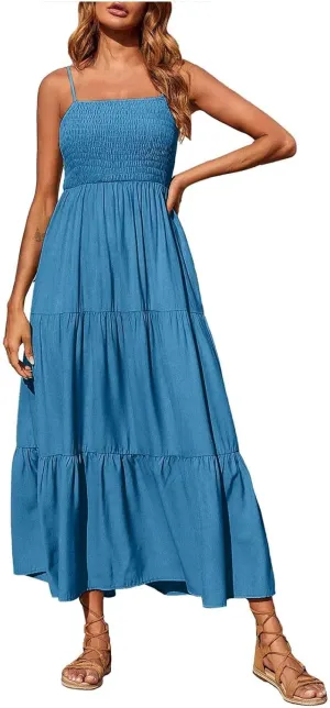 Sundresses for Women, 2024 Summer Spaghetti Strap Maxi Long Dress Smocked Casual Tiered Dresses Sexy Beach Clothing