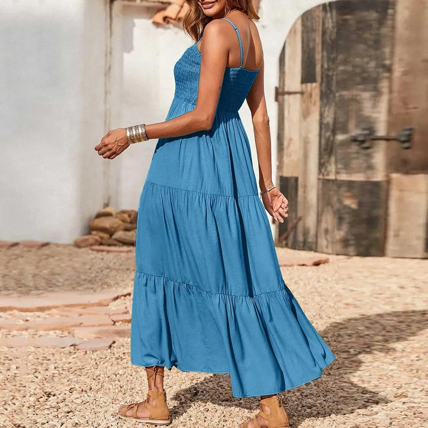 Sundresses for Women, 2024 Summer Spaghetti Strap Maxi Long Dress Smocked Casual Tiered Dresses Sexy Beach Clothing