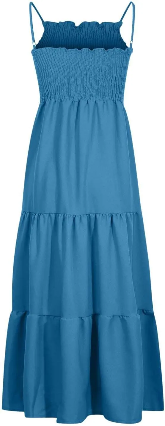 Sundresses for Women, 2024 Summer Spaghetti Strap Maxi Long Dress Smocked Casual Tiered Dresses Sexy Beach Clothing