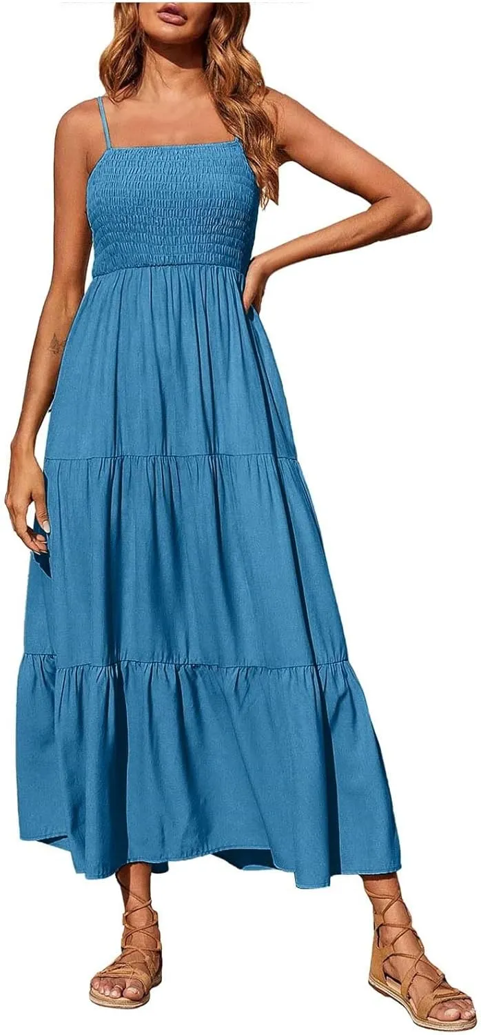Sundresses for Women, 2024 Summer Spaghetti Strap Maxi Long Dress Smocked Casual Tiered Dresses Sexy Beach Clothing