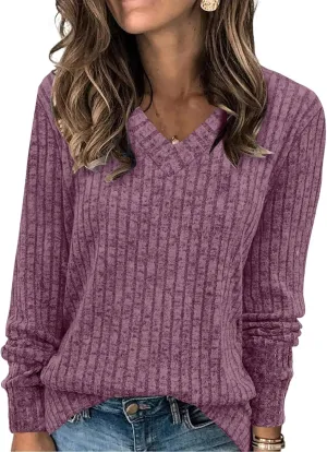 Sweaters for Women Long Sleeve V Neck Shirt Casual Lightweight Pullover Knitted Loose Tunic Tops Comfy Warm Top