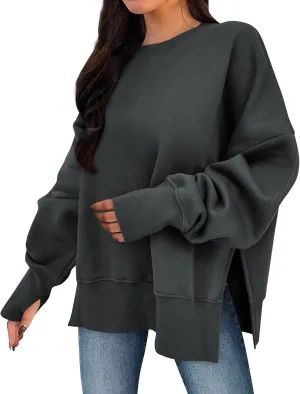 Sweatshirt for Women Crewneck Long Sleeve Shirts Fall Fashion Split Hem Lightweight Pullover Tops Oversized Sweater