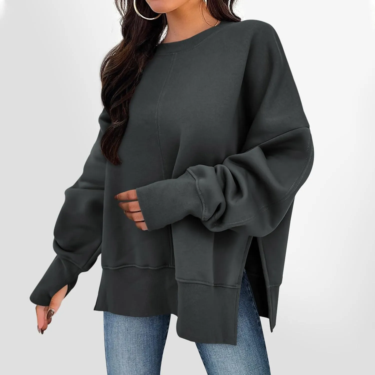 Sweatshirt for Women Crewneck Long Sleeve Shirts Fall Fashion Split Hem Lightweight Pullover Tops Oversized Sweater