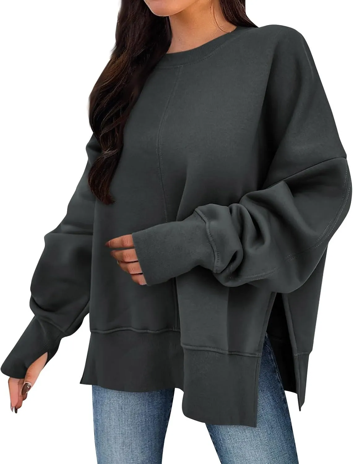 Sweatshirt for Women Crewneck Long Sleeve Shirts Fall Fashion Split Hem Lightweight Pullover Tops Oversized Sweater