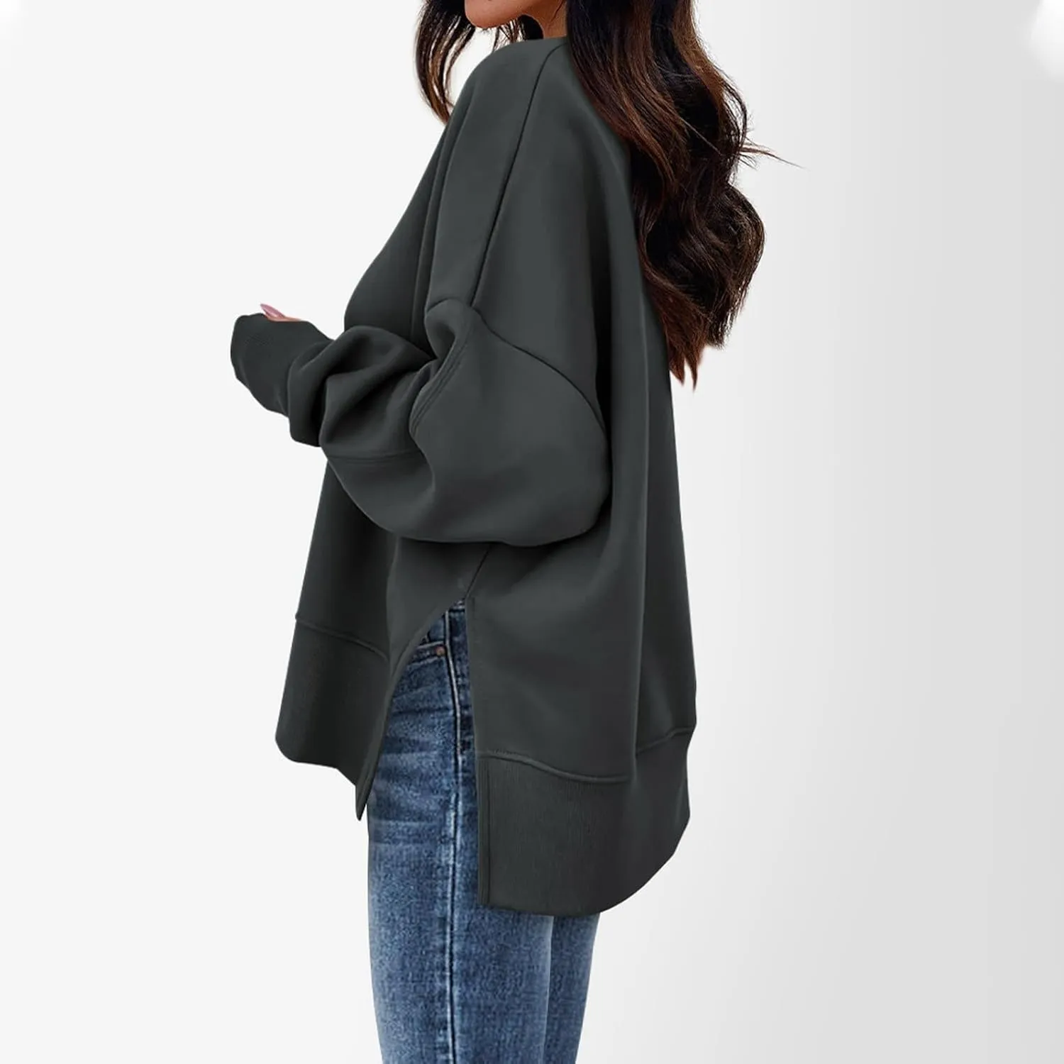 Sweatshirt for Women Crewneck Long Sleeve Shirts Fall Fashion Split Hem Lightweight Pullover Tops Oversized Sweater