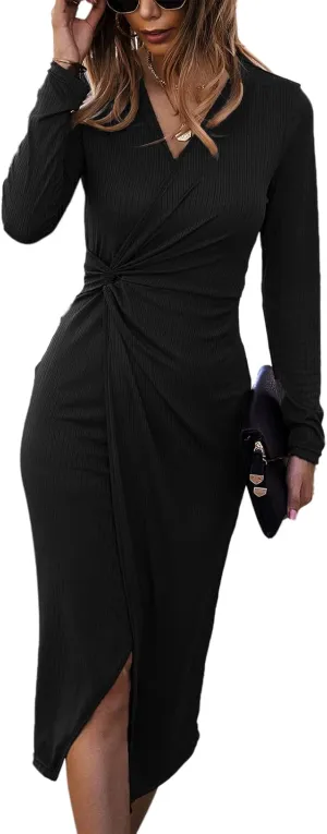 SWQZVT Womens Bodycon Dress Long Sleeve Twist Front Ribbed Knit Casual Dresses V Neck Ruched Slit Midi Cocktail Party Dress Black XL