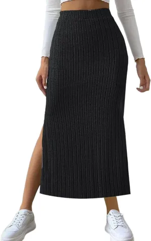 Texture Maxi Skorts for Women Ribbed Knitted Stretch Bodycon High Waist Pencil Skirts Casual Solid Side Split Skirt