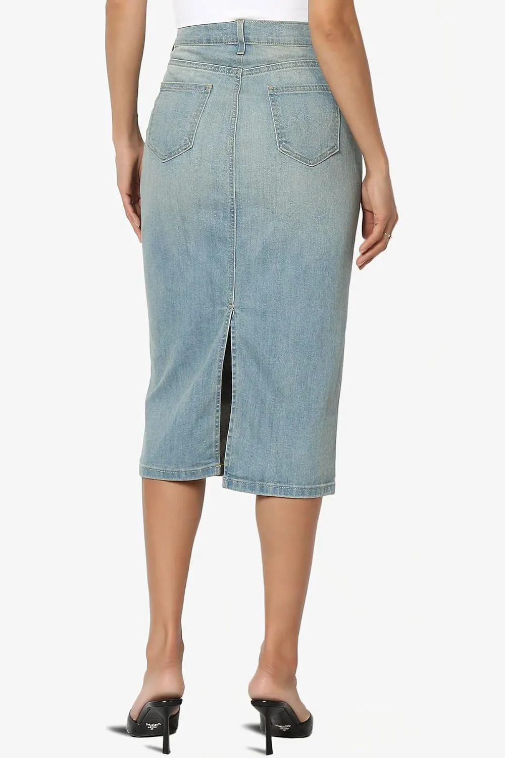 TheMogan Stone Wash Jean Pencil Knee Length Midi Stretch Denim Skirt