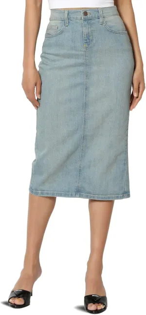 TheMogan Stone Wash Jean Pencil Knee Length Midi Stretch Denim Skirt