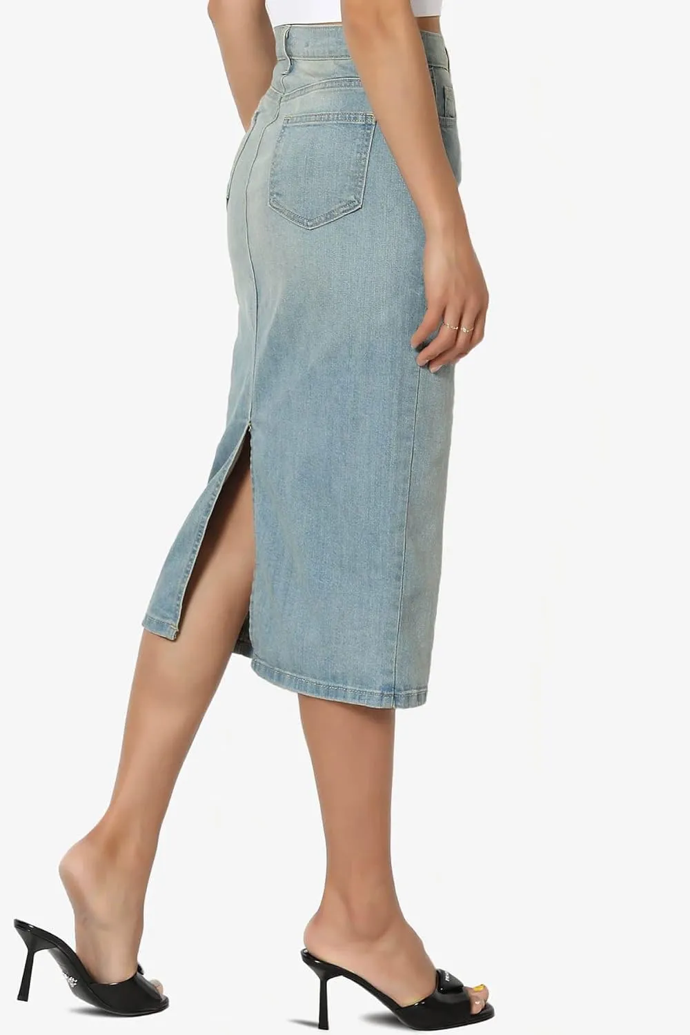 TheMogan Stone Wash Jean Pencil Knee Length Midi Stretch Denim Skirt