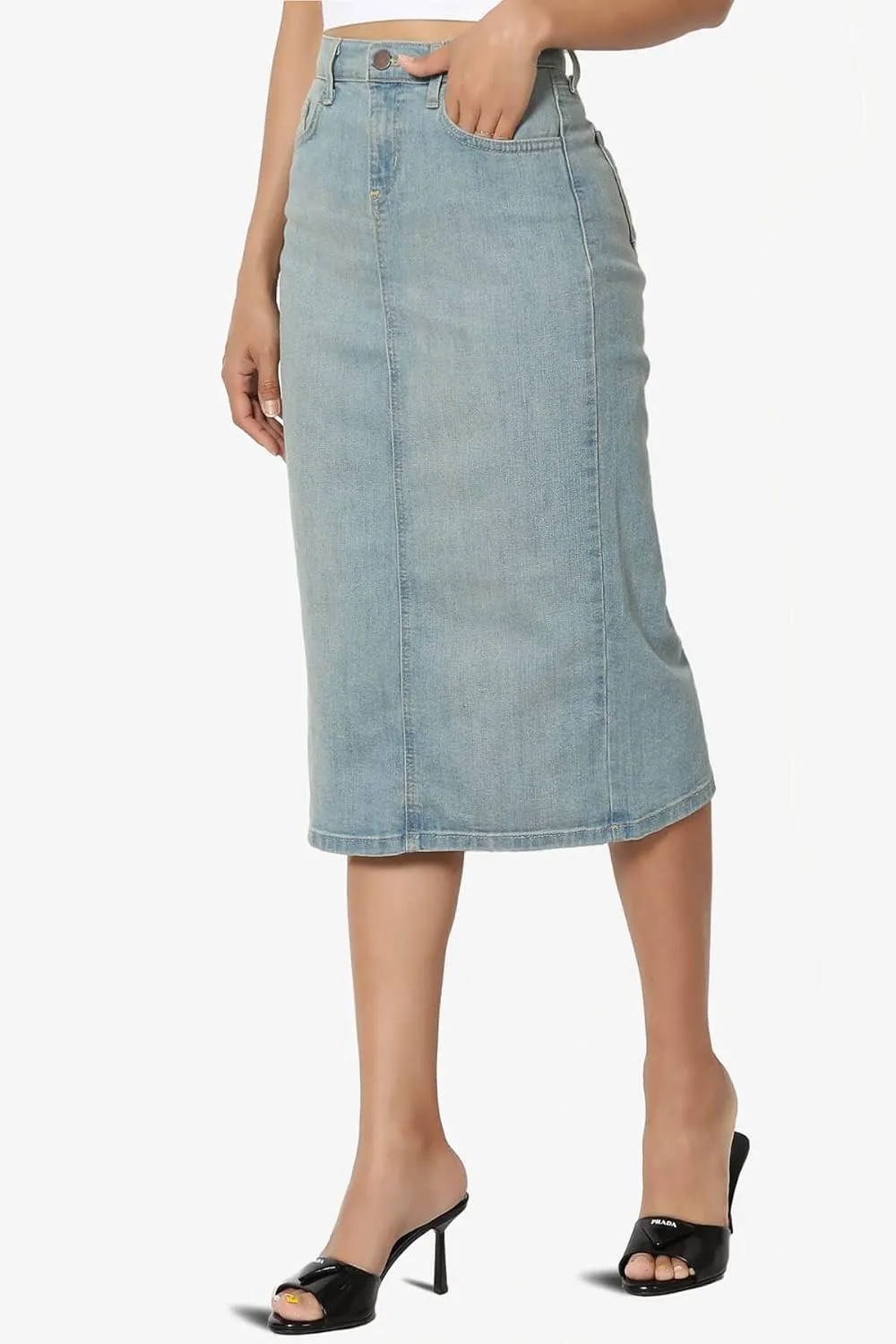 TheMogan Stone Wash Jean Pencil Knee Length Midi Stretch Denim Skirt