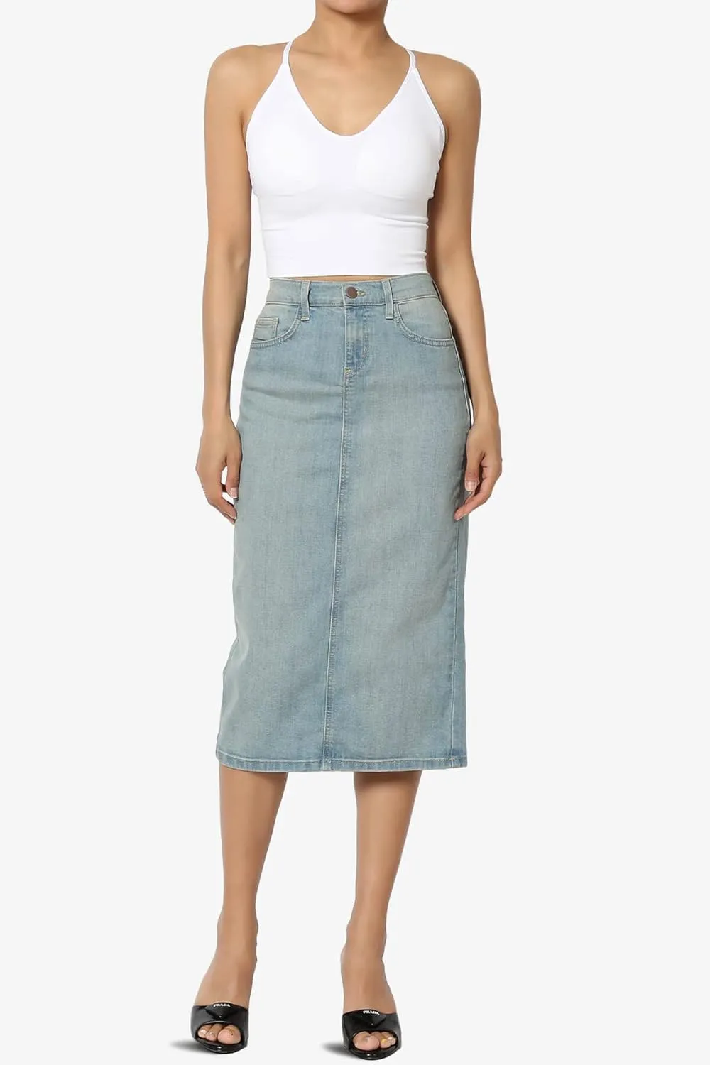 TheMogan Stone Wash Jean Pencil Knee Length Midi Stretch Denim Skirt