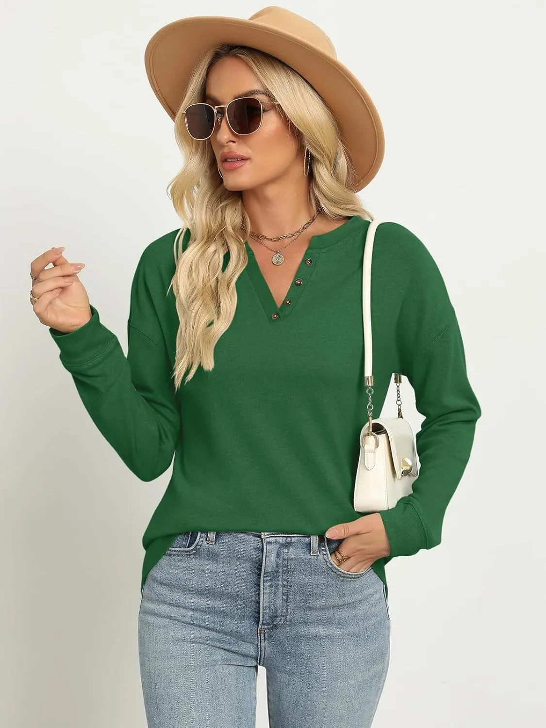 TICTICMIMI Women's V Neck Long Sleeve Tops Lightweight Sweatshirts Button Fall Shirts
