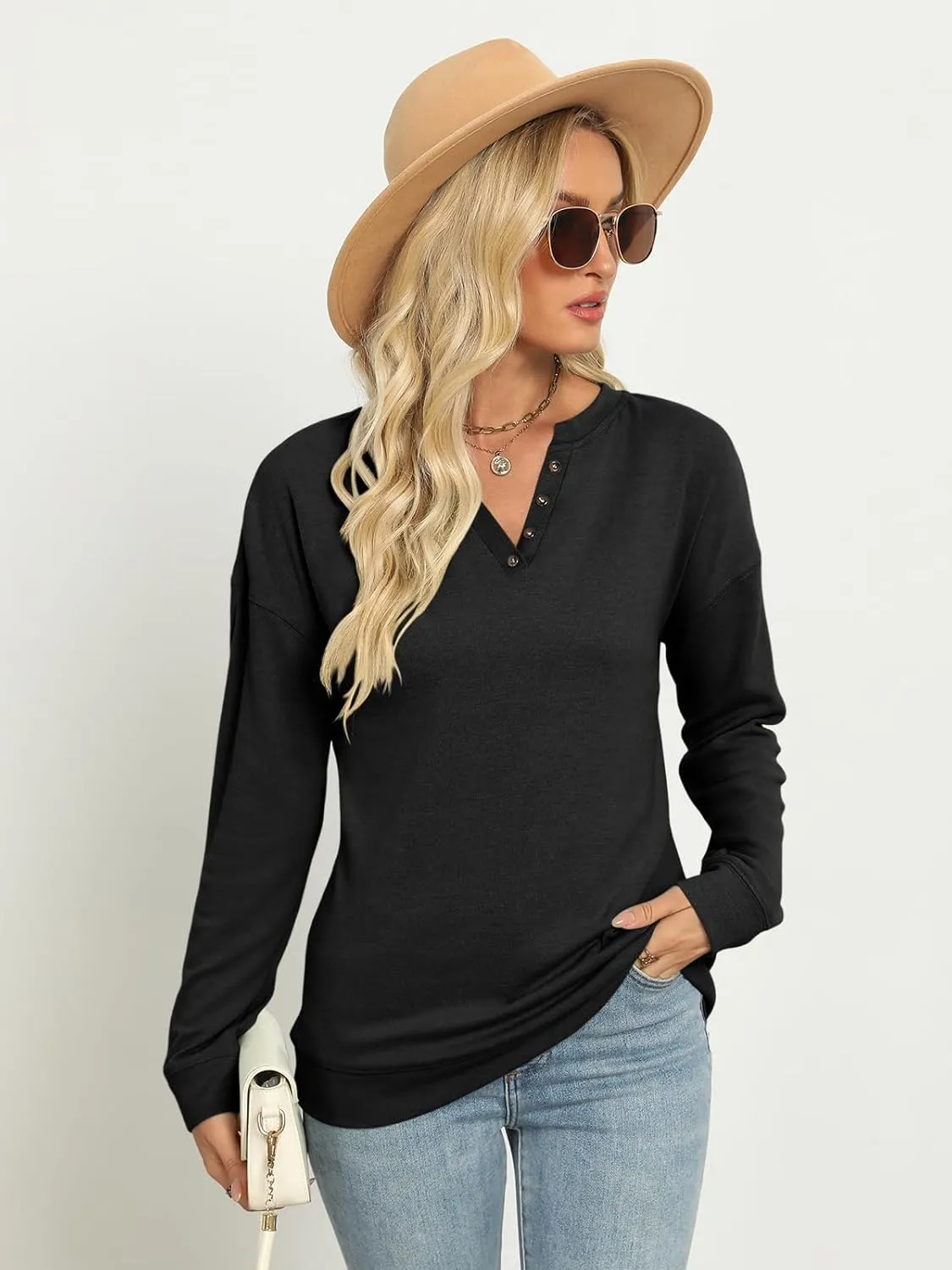TICTICMIMI Women's V Neck Long Sleeve Tops Lightweight Sweatshirts Button Fall Shirts