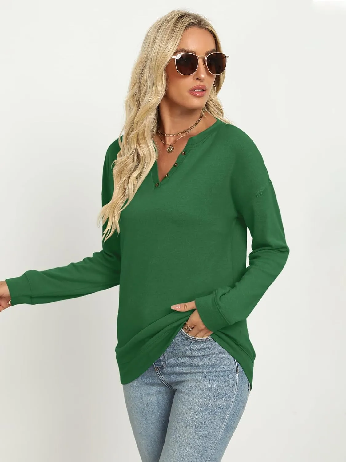 TICTICMIMI Women's V Neck Long Sleeve Tops Lightweight Sweatshirts Button Fall Shirts