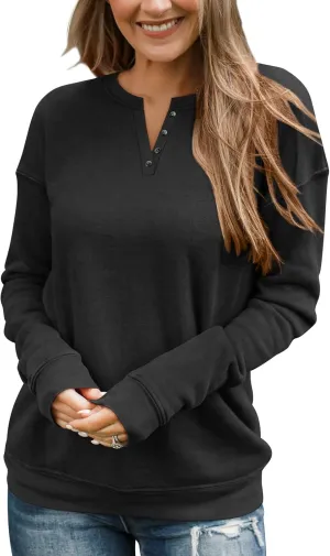 TICTICMIMI Women's V Neck Long Sleeve Tops Lightweight Sweatshirts Button Fall Shirts