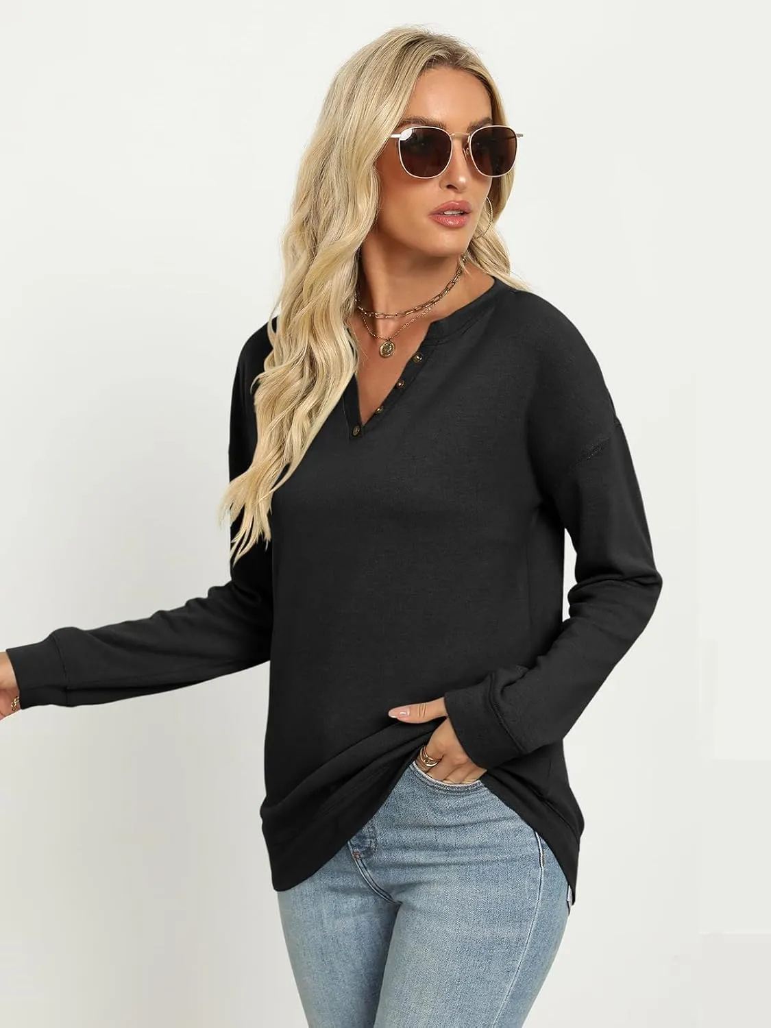 TICTICMIMI Women's V Neck Long Sleeve Tops Lightweight Sweatshirts Button Fall Shirts