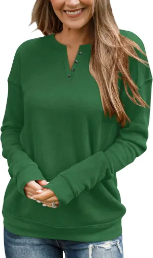 TICTICMIMI Women's V Neck Long Sleeve Tops Lightweight Sweatshirts Button Fall Shirts