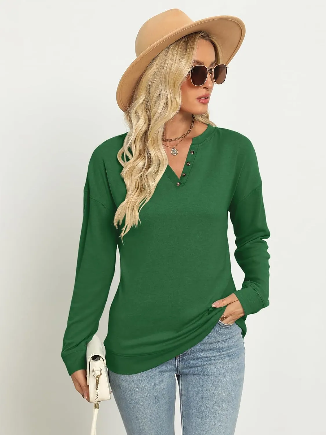 TICTICMIMI Women's V Neck Long Sleeve Tops Lightweight Sweatshirts Button Fall Shirts