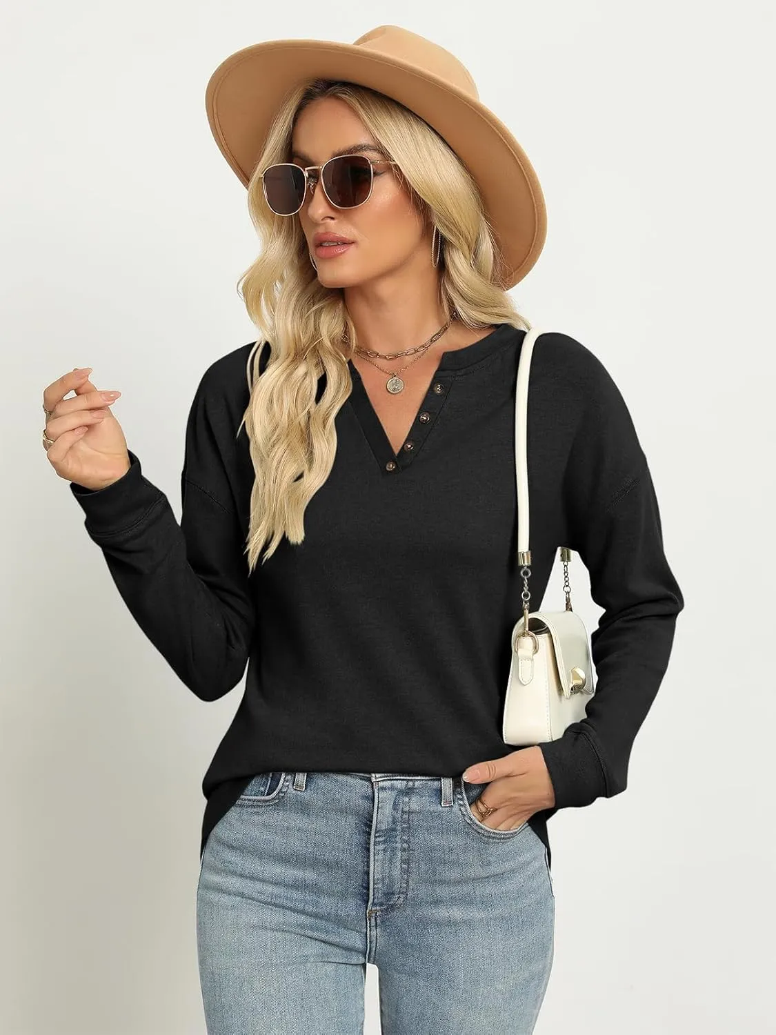 TICTICMIMI Women's V Neck Long Sleeve Tops Lightweight Sweatshirts Button Fall Shirts
