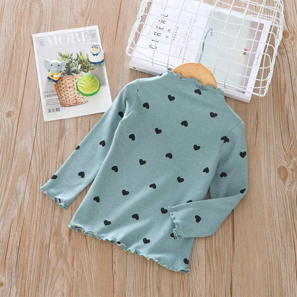 Toddler Baby Little Girls Cotton Pullover Turtleneck T Shirt Top Long Sleeve Bottoming Shirt Basic Heart Print Blouse