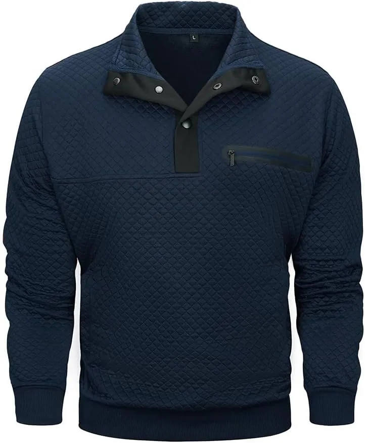 TOLOER Men's Fall Winter Long Sleeve Sweatshirt Quarter Button Stand Collar Texture Casual Pullover Sweatshirts with Pocket