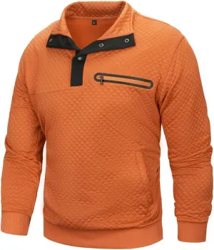 TOLOER Men's Fall Winter Long Sleeve Sweatshirt Quarter Button Stand Collar Texture Casual Pullover Sweatshirts with Pocket