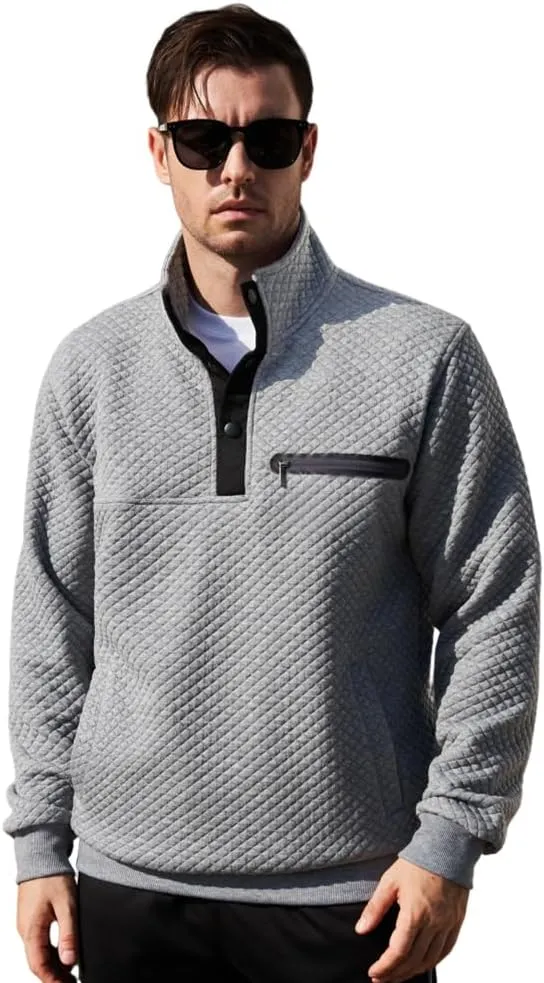 TOLOER Men's Fall Winter Long Sleeve Sweatshirt Quarter Button Stand Collar Texture Casual Pullover Sweatshirts with Pocket