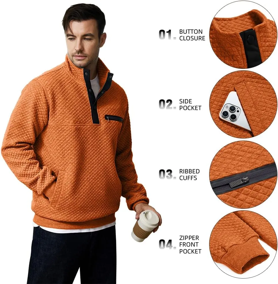 TOLOER Men's Fall Winter Long Sleeve Sweatshirt Quarter Button Stand Collar Texture Casual Pullover Sweatshirts with Pocket