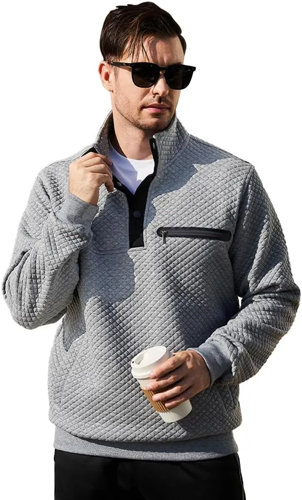 TOLOER Men's Fall Winter Long Sleeve Sweatshirt Quarter Button Stand Collar Texture Casual Pullover Sweatshirts with Pocket
