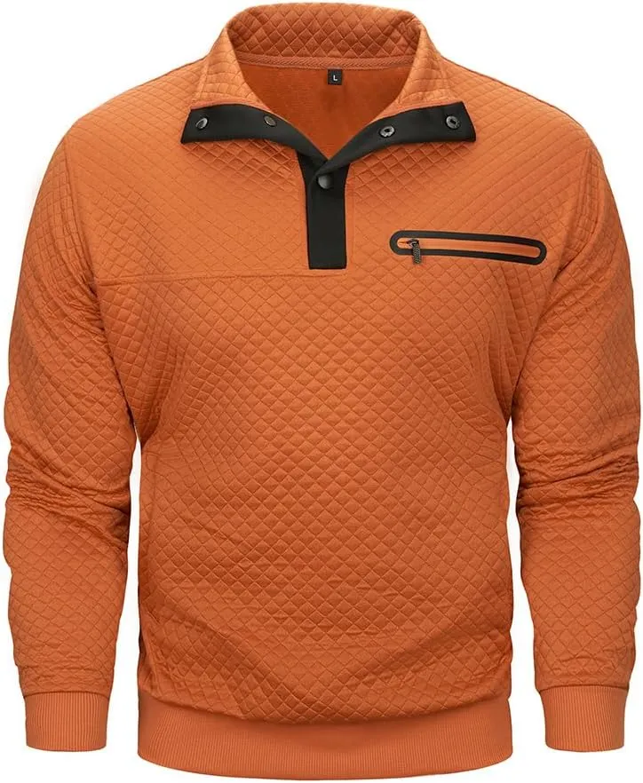 TOLOER Men's Fall Winter Long Sleeve Sweatshirt Quarter Button Stand Collar Texture Casual Pullover Sweatshirts with Pocket