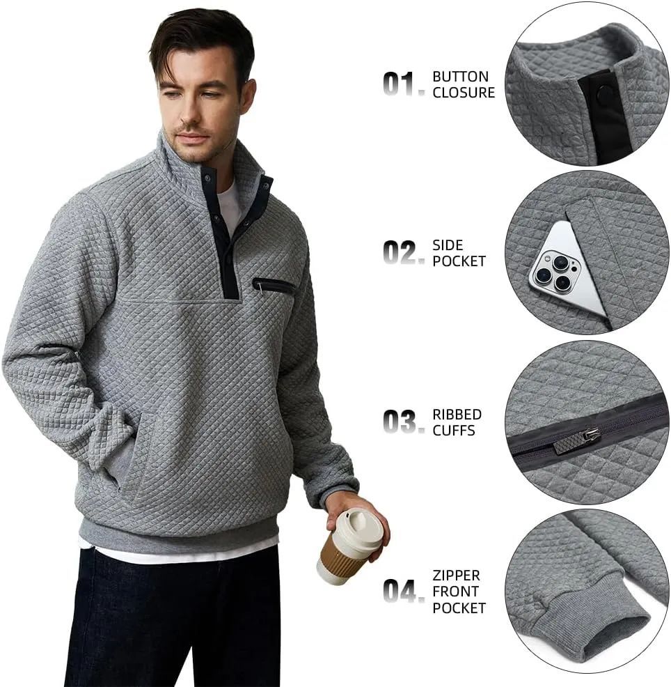 TOLOER Men's Fall Winter Long Sleeve Sweatshirt Quarter Button Stand Collar Texture Casual Pullover Sweatshirts with Pocket