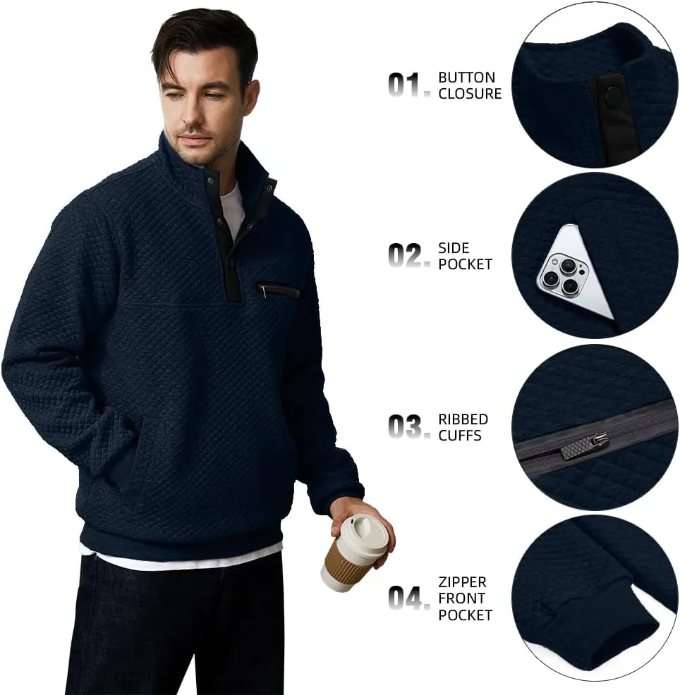 TOLOER Men's Fall Winter Long Sleeve Sweatshirt Quarter Button Stand Collar Texture Casual Pullover Sweatshirts with Pocket