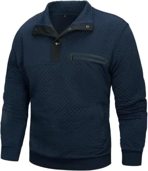 TOLOER Men's Fall Winter Long Sleeve Sweatshirt Quarter Button Stand Collar Texture Casual Pullover Sweatshirts with Pocket
