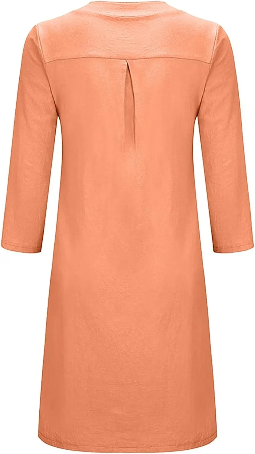 Tshirt Dress Women, Button Up Shirt Dresses with Pockets Round Neck Linen 2024 Oversized Dress, S,5XL