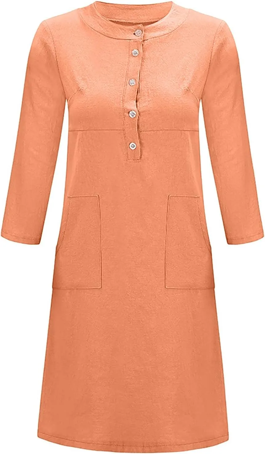 Tshirt Dress Women, Button Up Shirt Dresses with Pockets Round Neck Linen 2024 Oversized Dress, S,5XL