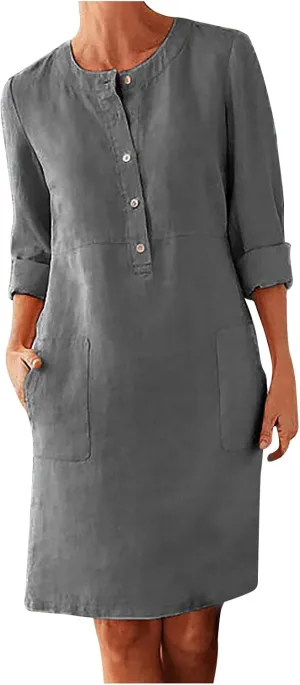Tshirt Dress Women, Button Up Shirt Dresses with Pockets Round Neck Linen 2024 Oversized Dress, S,5XL