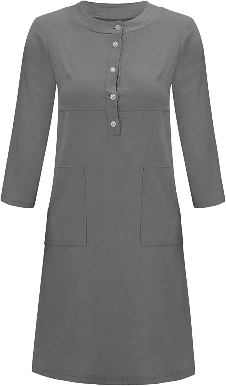 Tshirt Dress Women, Button Up Shirt Dresses with Pockets Round Neck Linen 2024 Oversized Dress, S,5XL