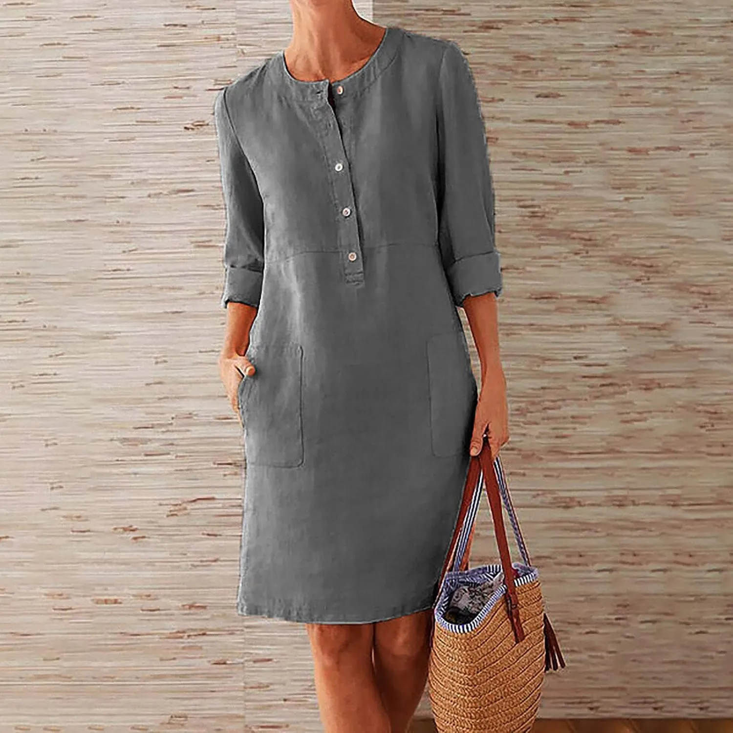 Tshirt Dress Women, Button Up Shirt Dresses with Pockets Round Neck Linen 2024 Oversized Dress, S,5XL