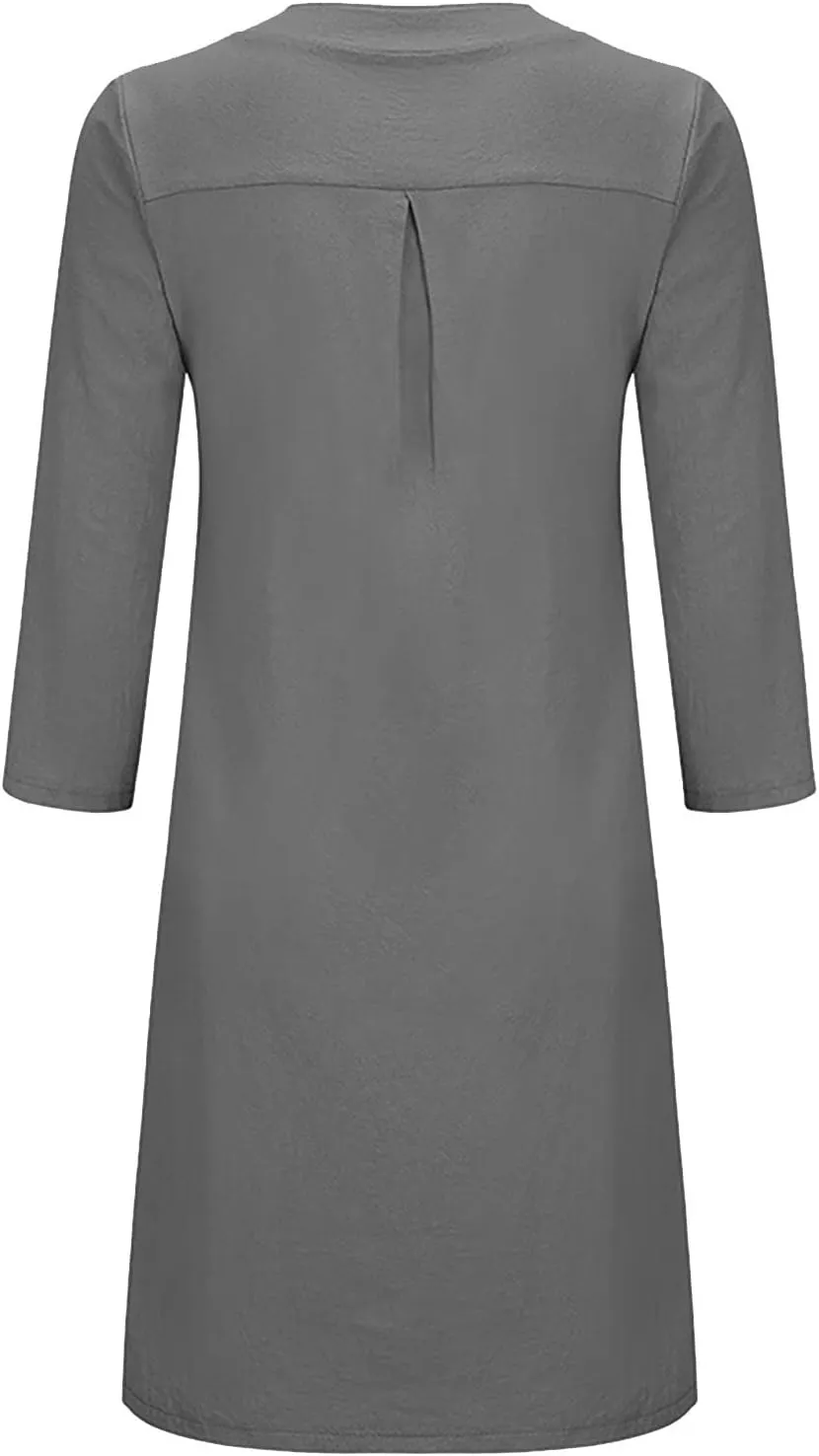 Tshirt Dress Women, Button Up Shirt Dresses with Pockets Round Neck Linen 2024 Oversized Dress, S,5XL