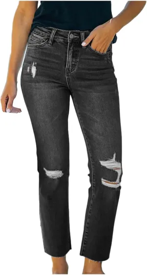 tuduoms Women Ripped Mid Rise Jeans Frayed Hem Denim Stretchy Skinny Jeans Fashion Boyfriend Distressed Ribbed Jegging Jeans