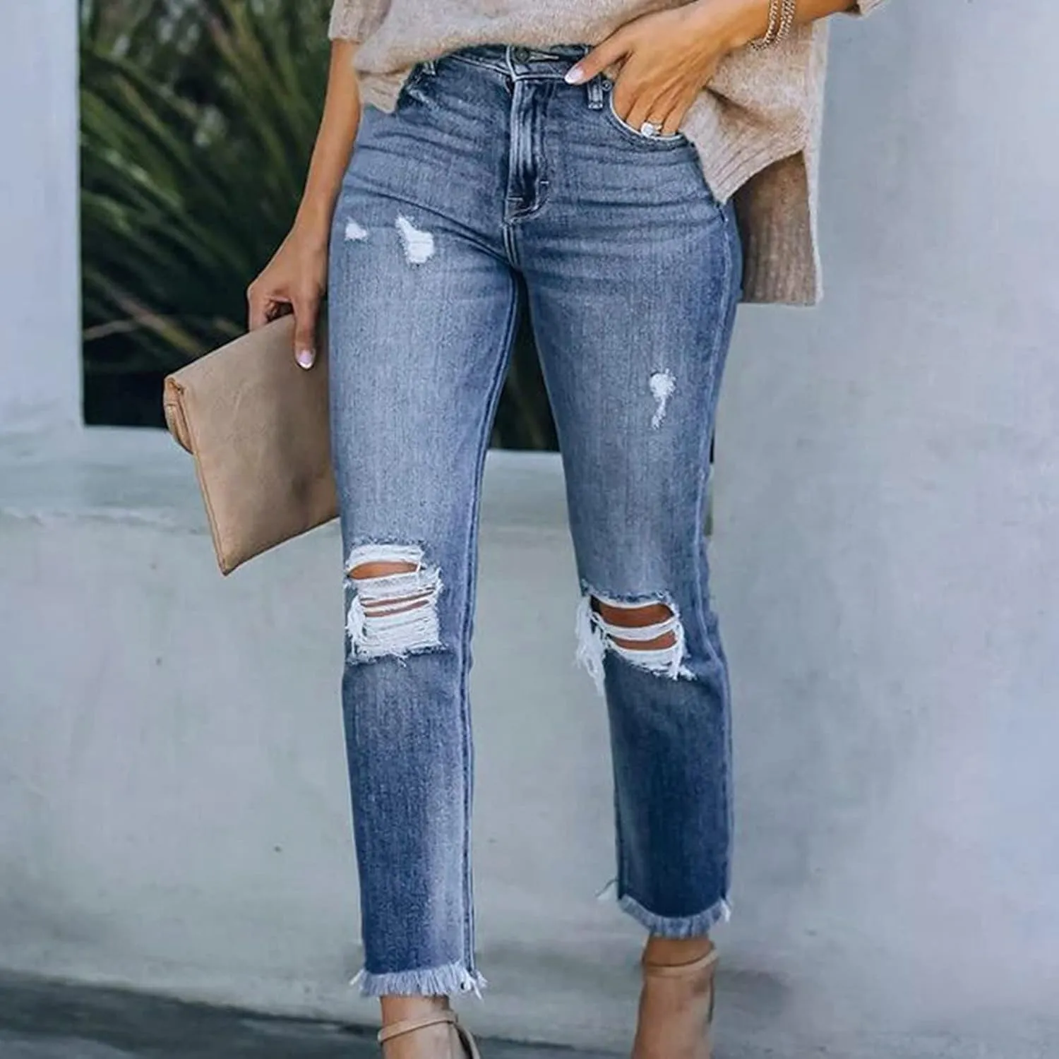 tuduoms Women Ripped Mid Rise Jeans Frayed Hem Denim Stretchy Skinny Jeans Fashion Boyfriend Distressed Ribbed Jegging Jeans