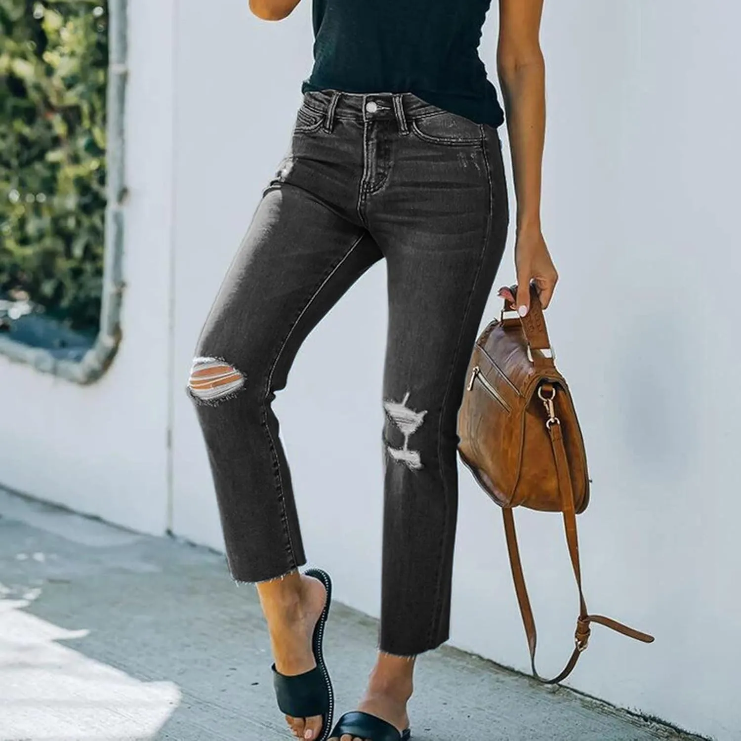 tuduoms Women Ripped Mid Rise Jeans Frayed Hem Denim Stretchy Skinny Jeans Fashion Boyfriend Distressed Ribbed Jegging Jeans