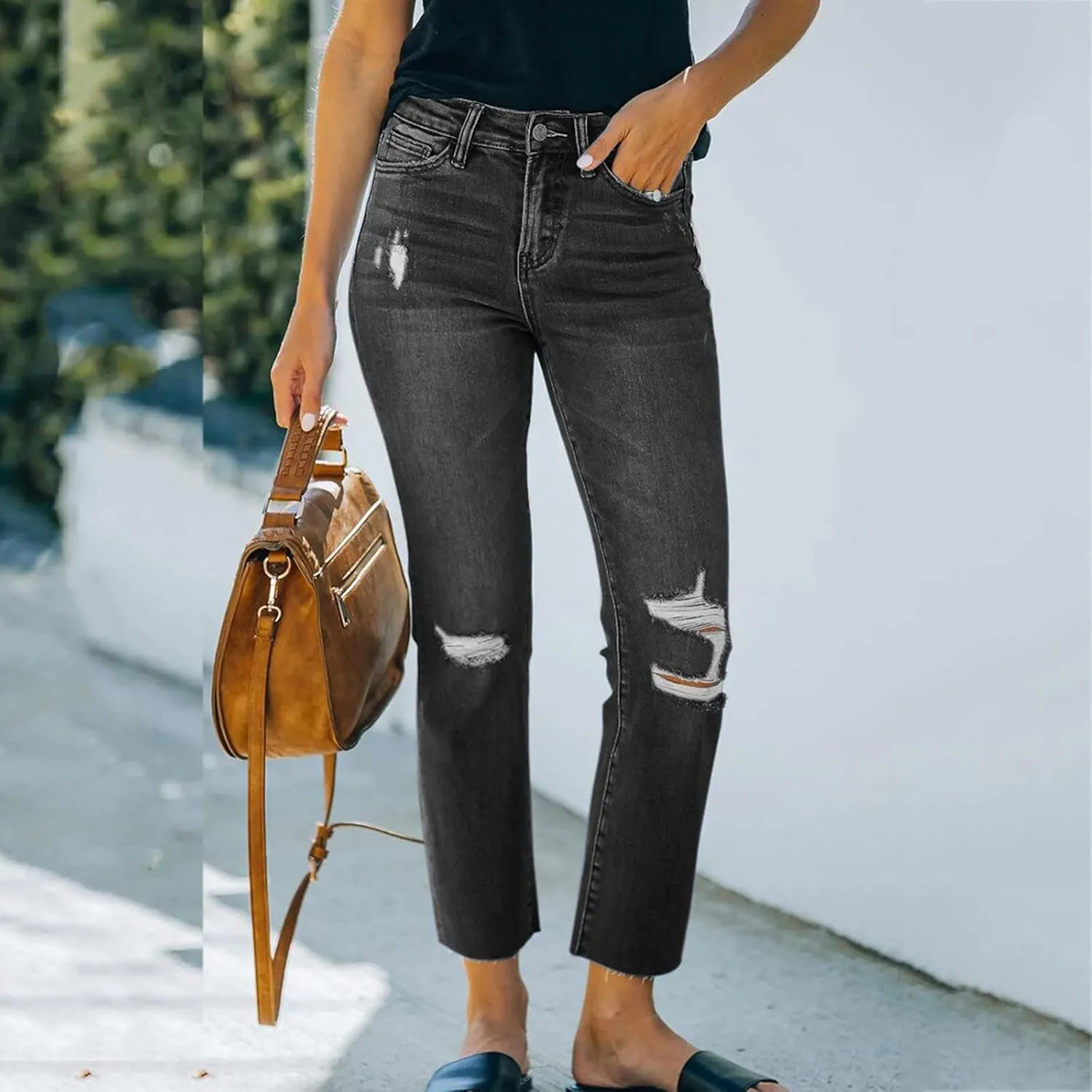 tuduoms Women Ripped Mid Rise Jeans Frayed Hem Denim Stretchy Skinny Jeans Fashion Boyfriend Distressed Ribbed Jegging Jeans