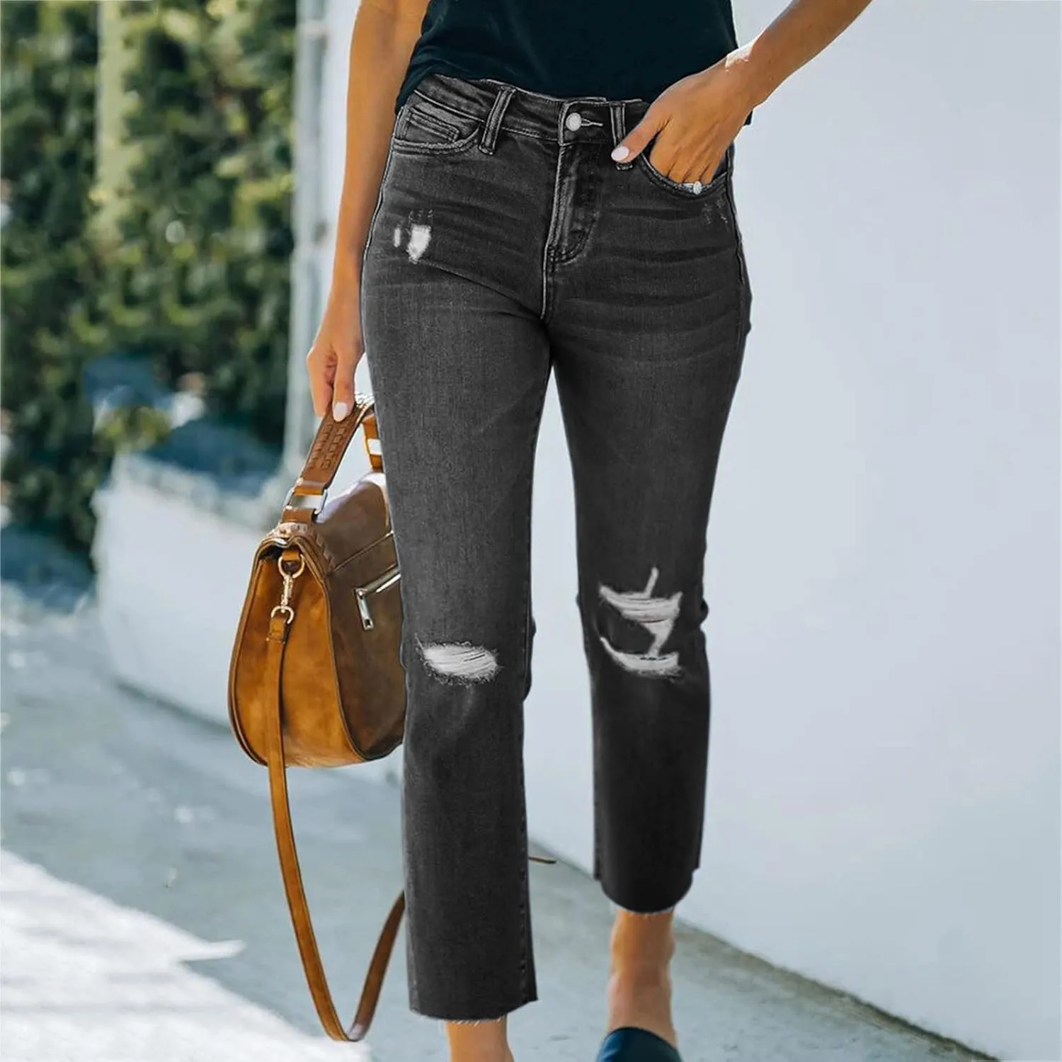 tuduoms Women Ripped Mid Rise Jeans Frayed Hem Denim Stretchy Skinny Jeans Fashion Boyfriend Distressed Ribbed Jegging Jeans
