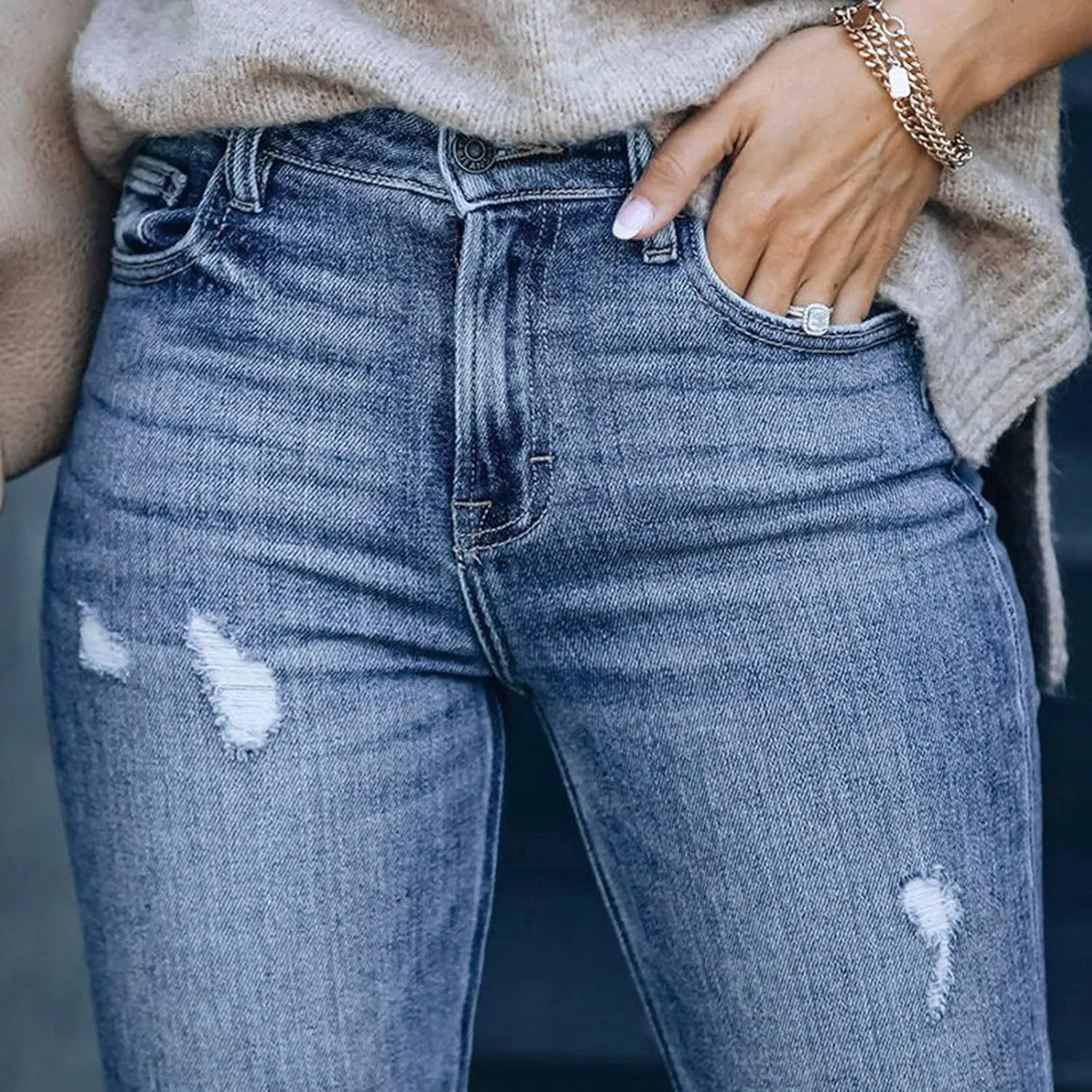 tuduoms Women Ripped Mid Rise Jeans Frayed Hem Denim Stretchy Skinny Jeans Fashion Boyfriend Distressed Ribbed Jegging Jeans
